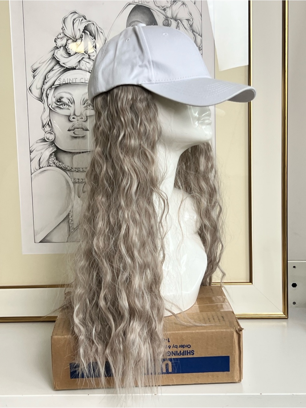 White Baseball Cap with Long Wavy Gray Wig - Women's Hairpiece